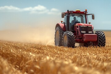 Fototapeta premium Red Tractor Plowing Through Golden Wheat in August Generative AI