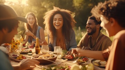 A group of friends laughing and sharing a meal at an outdoor picnic, with a variety of foods spread...