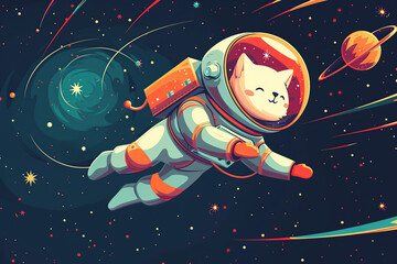 Cute cartoon cat astronaut with stars and planets in space for kid poster