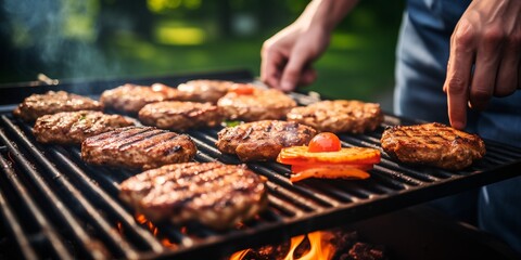 man is barbecuing cutlets - obrazy, fototapety, plakaty