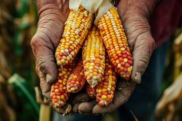 Close-up of a hand holding corn. Farmer's hands holding corn during harvest. Farmer is harvesting in the field