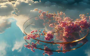 round glass table on which pink sakura flowers lie against a background of blue sky and clouds - obrazy, fototapety, plakaty