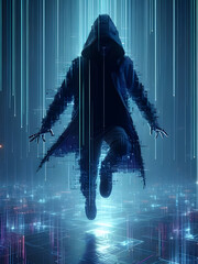 Enigmatic Hacker in Dark Hoodie Manipulating Code Lines and Virtual Reality Interfaces in Neon-lit Cybernetic Forest - Digital Sorcery Dance.