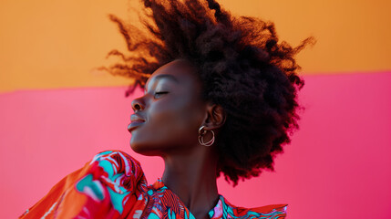 Girl in bright clothes spins freely and poses against the background of a monochrome wall, with studio lighting