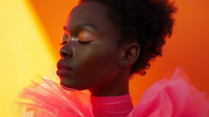 Girl in bright clothes spins freely and poses against the background of a monochrome wall, with studio lighting