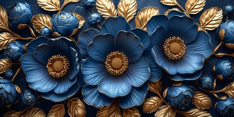 Flower Power Blue Flowers in Gold Vases Generative AI