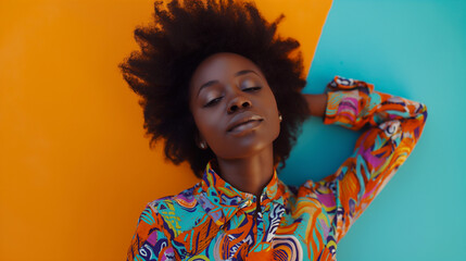 Girl in bright clothes spins freely and poses against the background of a monochrome wall, with studio lighting