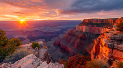 A photo of the Grand Canyon, with the vast canyon walls as the background, during a dramatic sunrise - obrazy, fototapety, plakaty
