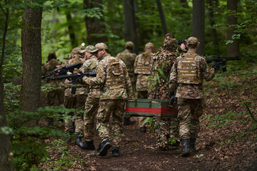 Elite military unit, cloaked in camouflage, transports a crate of ammunition through the dense...