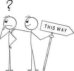 Person Looking for Some Guide on The Way, Vector Cartoon Stick Figure Illustration