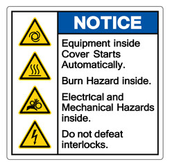 Notice Equipment Inside Cover Starts Automatically Burn Hazard Inside Electrical and Mechanical Hazards Inside Do not Defeat Interlocks ,Vector Illustration, Isolate On White Background Label. EPS10