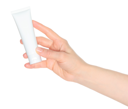 Woman hand holds a white cosmetic cream tube, on white background close-up, template for cosmetics ads