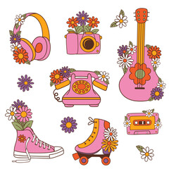 set of isolated retro  objects.Telephone, camera, guitar, roller skates, sneakers, cassette, headphones - 728397700