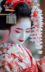 A Japanese woman in traditional geisha costume and makeup - 728397701