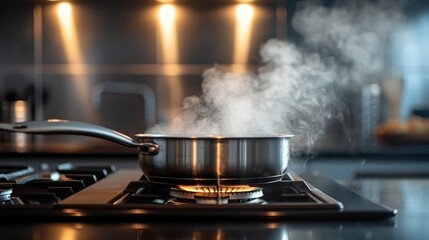 Stainless steel saucepan on an induction stove with steam rising and a warm kitchen glow