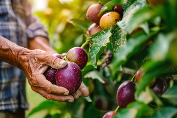 Close-up of a hand holding a passion fruit. Farmer's hand holding passion fruit during harvest. Farmer is harvesting in the field
