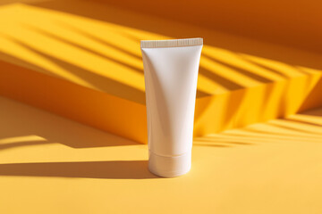 Suncream sun lotion packaging mockup tube on a bright sunny background with tropical palmtree leaf