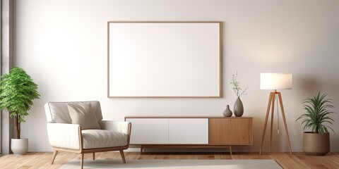 Living room interior with mock up poster frame, wooden sideboard, boucle sofa, white armchair, beige lamp, modern glass coffee table, personal accessories for home decor, template.