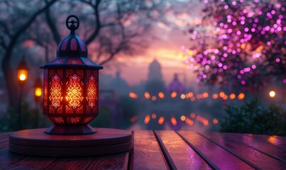 Arabic lantern lights on a Round wooden podium as a main focus in left side with Abstract purple and pink lights blur blinking background. Generative AI