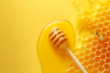 Honey dripping from honey dipper on background. - obrazy, fototapety, plakaty