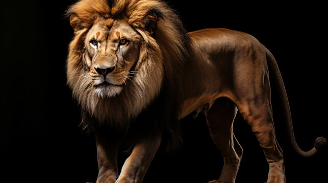 a lion standing upright against a black background