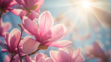 Magnolia tree blossom in springtime. Pink flowers - obrazy, fototapety, plakaty