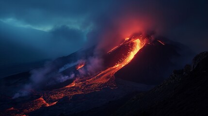 Lava spurting out of crater and reddish illuminated smoke cloud, lava flows