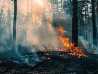 Obraz premium Wildfires burning trees with smoke