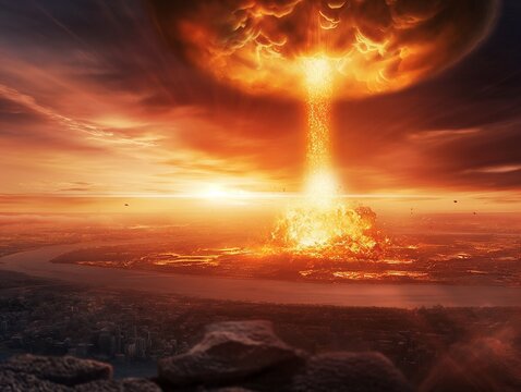 Nuclear catastrophe. Terrible explosion of a nuclear bomb with a mushroom in the desert.