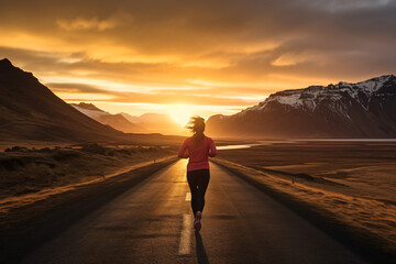 Fototapeta na wymiar woman jogging in the mountains in the evening, in the style of dramatic landscapes