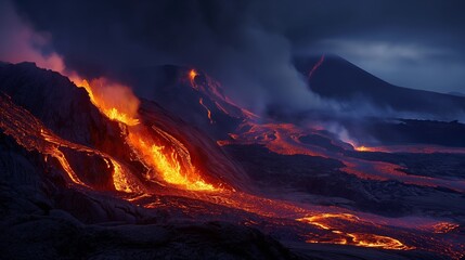 Lava spurting out of crater and reddish illuminated smoke cloud, lava flows - obrazy, fototapety, plakaty