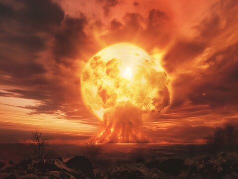 Nuclear catastrophe. Terrible explosion of a nuclear bomb with a mushroom in the desert.