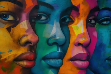 Group of Colorful Women's Faces: Equality, Diversity, and International Women's Day Concept.