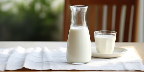 Obraz na płótnie Canvas Milk and napkin on table with milk bottle.