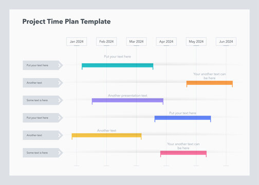 Project time plan template with six project tasks in time intervals. Can be used for your website or presentation.