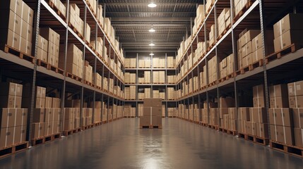Boxes and box loaders in a warehouse, Rows of shelves with boxe