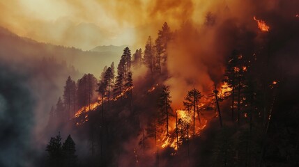 Fototapeta na wymiar Wildfires burning trees with smoke