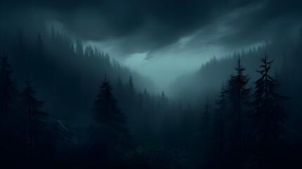 misty morning in the forest,,
 Mist magic fog night dark forest tree jungle landscape background

