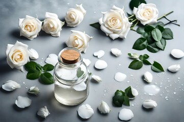 Fototapeta na wymiar Glass jar with aroma water and white rose flowers for spa and aromatherapy. Top view and flat lay