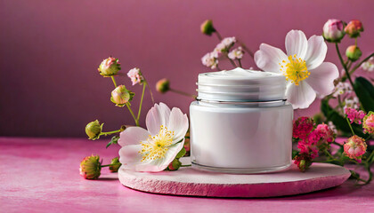 Obraz na płótnie Canvas Open facial cream jar, beauty face treatment, face skin care, pink flowers