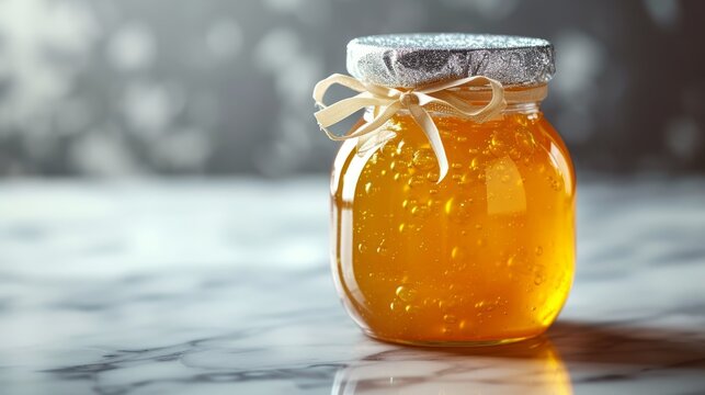  Sunlit jar of golden apple jelly sealed with a rustic bow on a marble surface