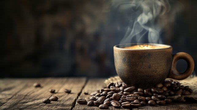 Cup of coffee with smoke and coffee beans on burlap sack on wooden background