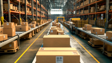 Boxes and box loaders in a warehouse, Rows of shelves with boxe