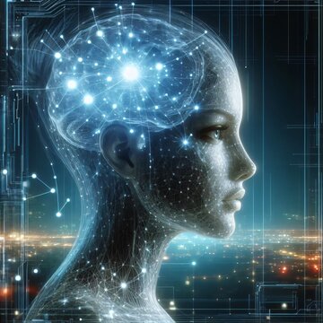 Woman's Head With Neuro Links and Impulses, Artificial Intelligence, Neuroscience