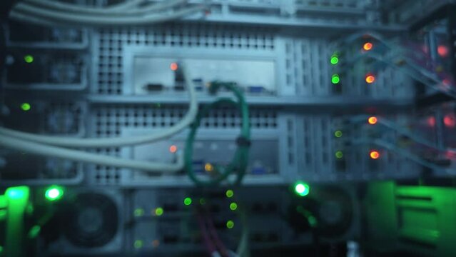 Super computer server racks in datacenter. Network Telecommunication concept.