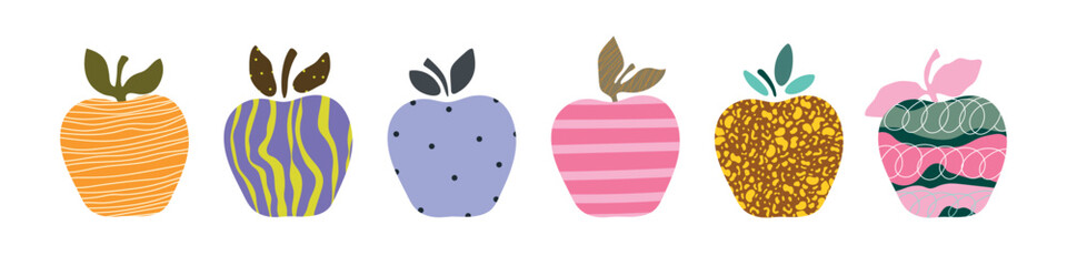 Set of six cartoon abstract apple on white background. Vetor illustration