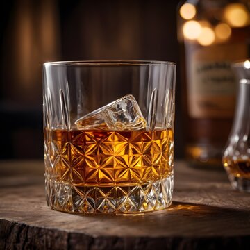Glass of Whiskey with Ice on a Wooden Table