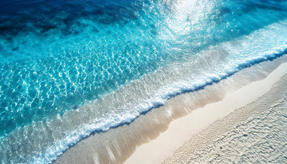 Fototapeta na wymiar Voyage et tourisme en été lors de vacances sur une belle plage paradisiaque de sable blanc et joli reflet de la mer des tropiques, vue de dessus