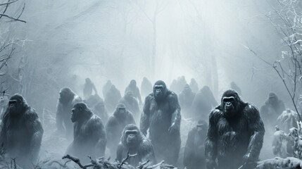 many gorillas are marching through a forest - obrazy, fototapety, plakaty