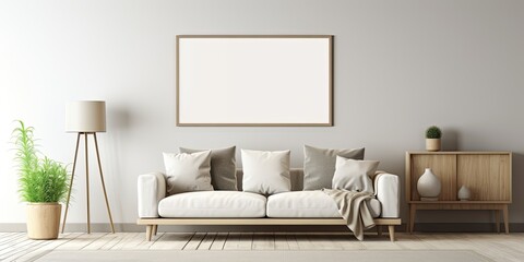 Modern living room with a frame, sideboard, table, sofa, pillow, and accessories. Home decor template.